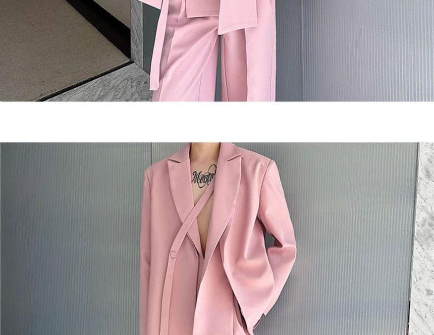 Set: Mock Two-Piece Peak Lapel Plain Buttoned Slit Blazer + Mid Rise Wide Leg Dress Pants Product Image
