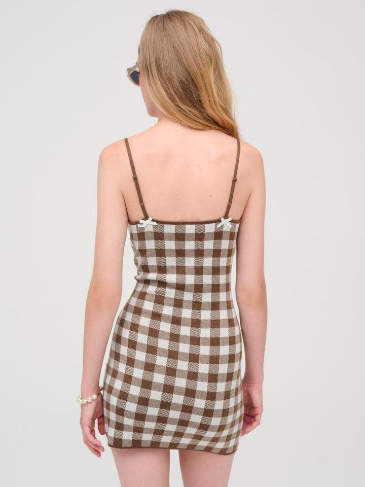Gingham Knit Mini Dress — Brown Product Image