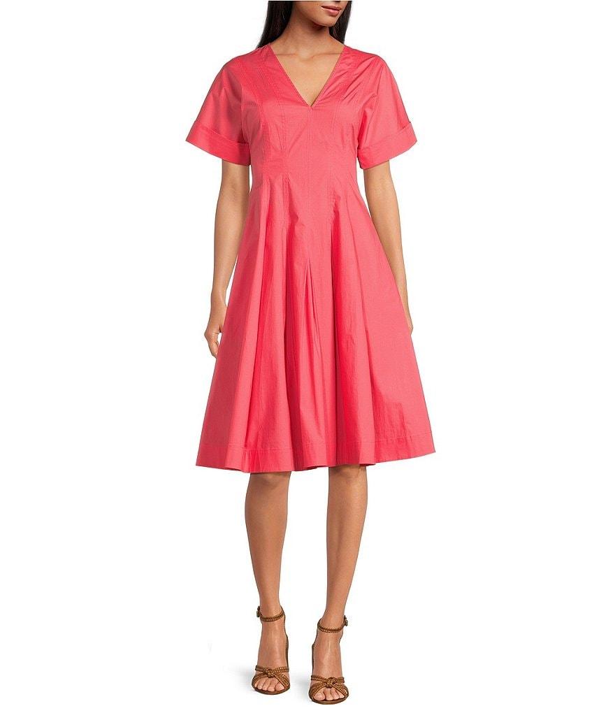 Trina Turk Ashe Poplin V-Neck Short Sleeve Fit-And-Flare Midi Dress Product Image