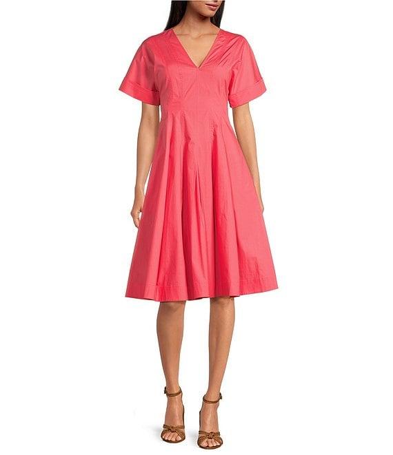 Trina Turk Ashe Poplin V-Neck Short Sleeve Fit-And-Flare Midi Dress Product Image