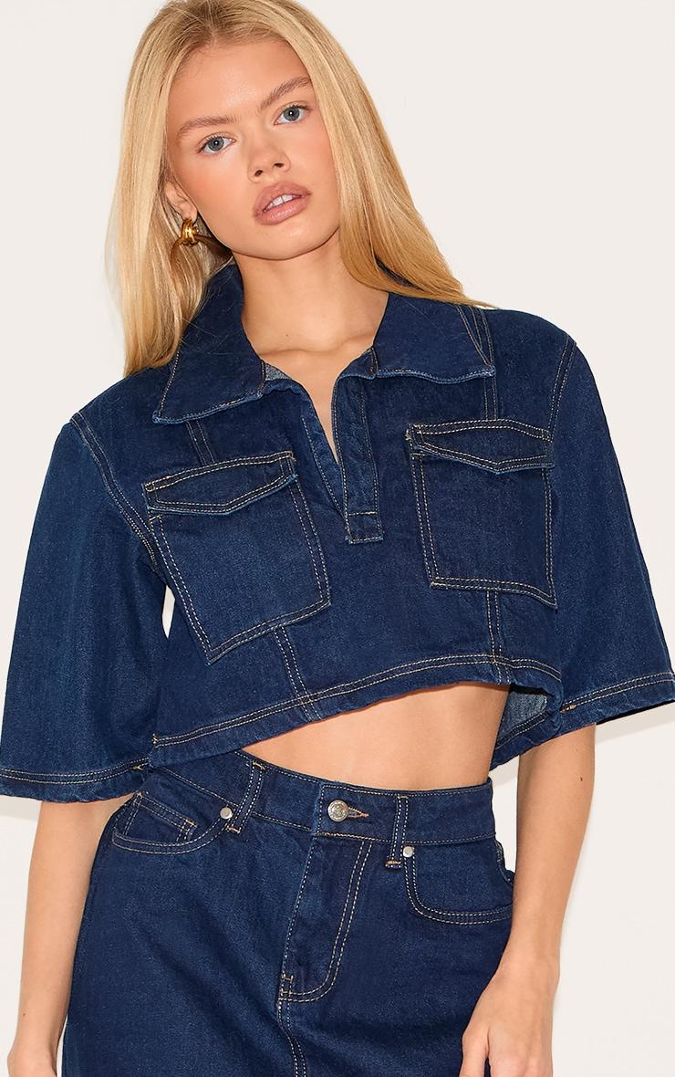 Indigo Contrast Stitch Cropped Denim Shirt Product Image
