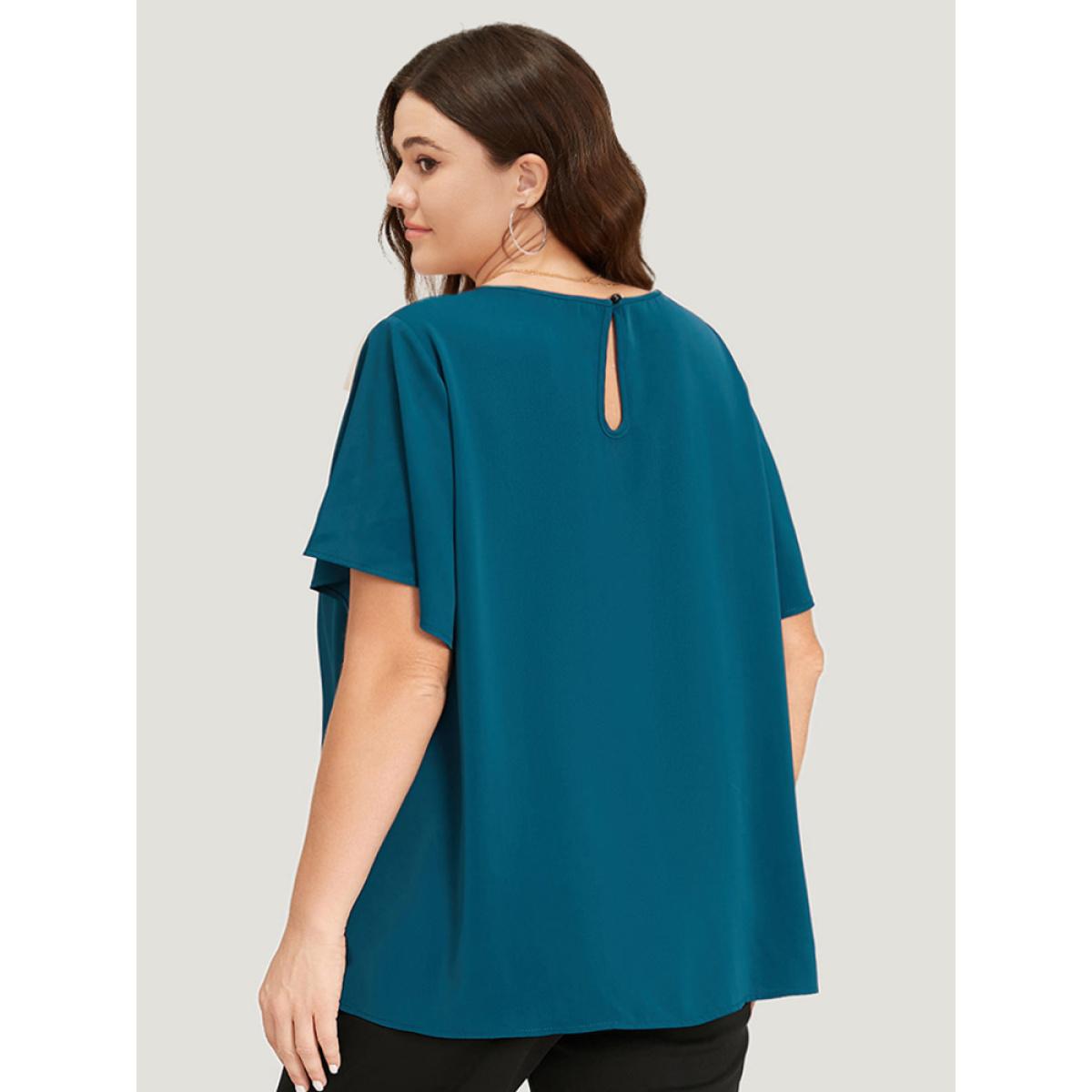 Plus Size Cyan Plain Cut Out Flutter Sleeve Pleated Blouse Women Office Short sleeve V-neck Work Blouses BloomChic 26/4X Product Image