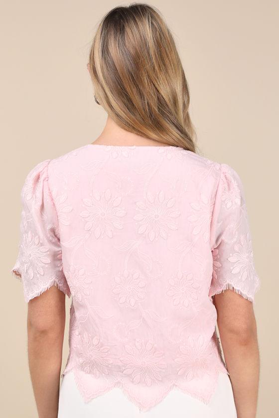 Vintage Aesthetic Pink Embroidered Tie-Front Fringe Hem Top Product Image