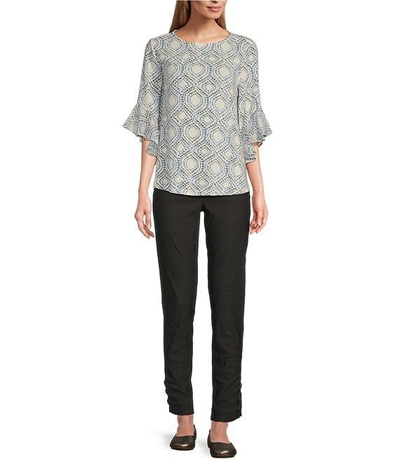 Multiples Slub Knit Georgette Block Multi Scoop Neck 3/4 Flounce Sleeve Fitted Top Product Image