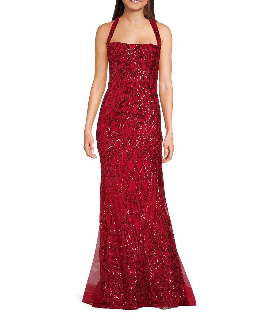 B. Darlin Sequin Pattern Square Neck Halter Godet Dress Product Image