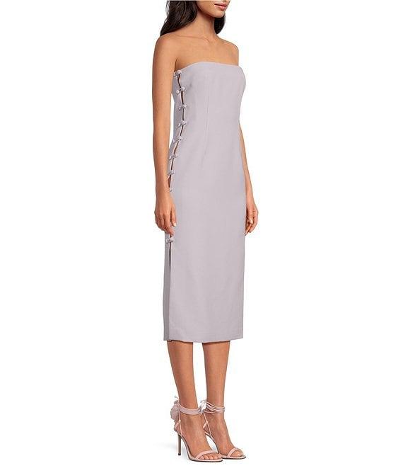 Gianni Bini x Caelynn Bell Tori Crepe Side Button Cut Out Bodycon Strapless Midi Dress Product Image