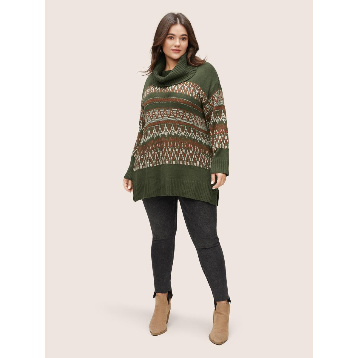 Plus Size Geo Pattern Split Side Turtle Neck Jacquard Pullover ArmyGreen Women Casual Loose Long Sleeve Turtleneck Dailywear Pullovers BloomChic 18-20/2X Product Image