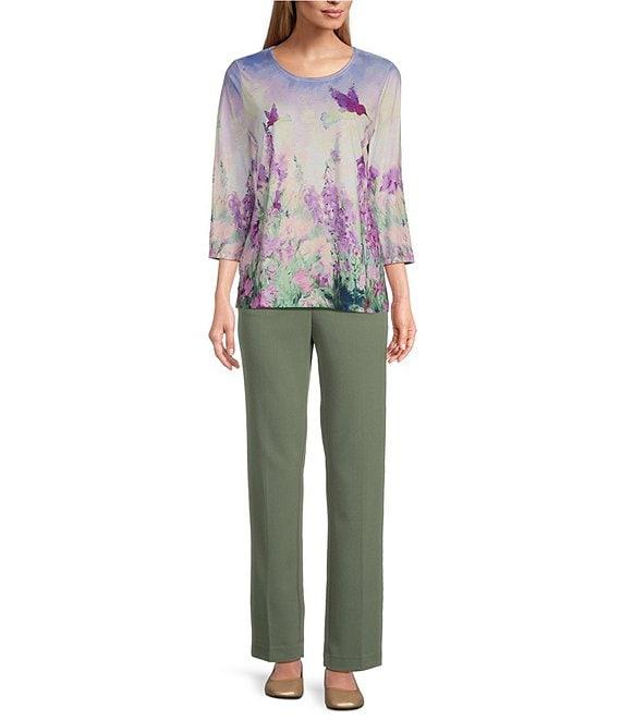 Allison Daley Petite Size Embellished Meadow Floral Print 3/4 Sleeve Crew Neckline Knit Top Product Image