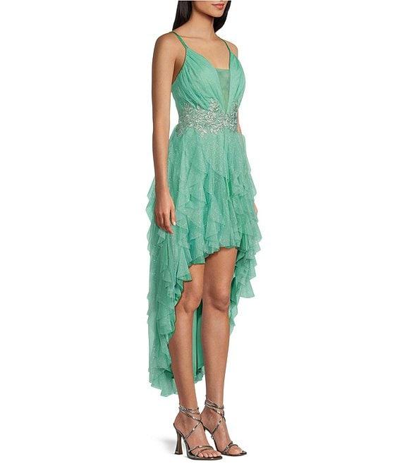 Pear Culture Spaghetti Strap Hi-Low Embroidered Applique Dress Product Image