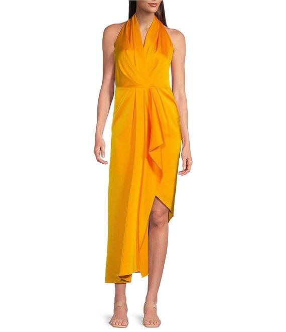 Alex Marie Hazel Surplice V-Neck Sleeveless Satin Asymmetrical Hem Midi Dress Product Image