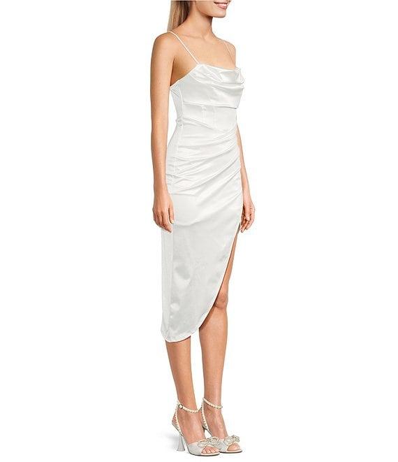 Honey and Rosie Spaghetti Strap Cowl Neck Pleated Waist Dress Product Image