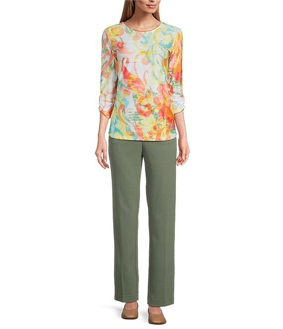 Allison Daley Ikat Floral Print 3/4 Ruched Sleeve Crew Neck Linear Jacquard Knit Top Product Image