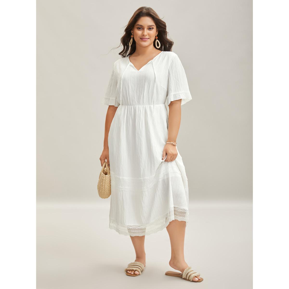 Plus Size Textured Cut-Out Lace Tied Midi Dress Beige Women Boho Woven ribbon&lace trim V-neck Half Sleeve Curvy BloomChic 18-20/2X Product Image