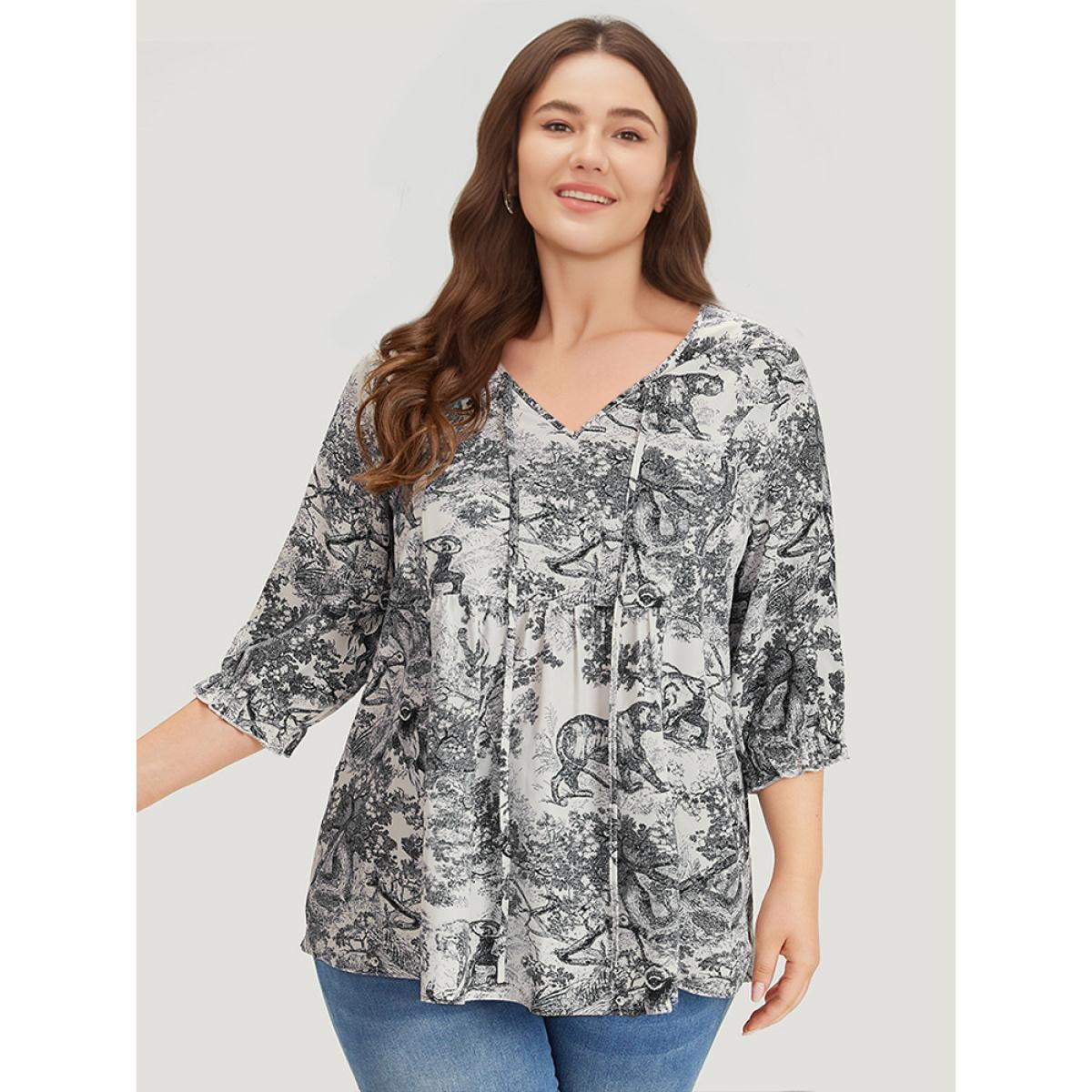 Plus Size Black Print Knot Neck Lantern Sleeve Ruffle Hem Blouse Women Vacation Half Sleeve V-neck Dailywear Blouses BloomChic 10/M Product Image