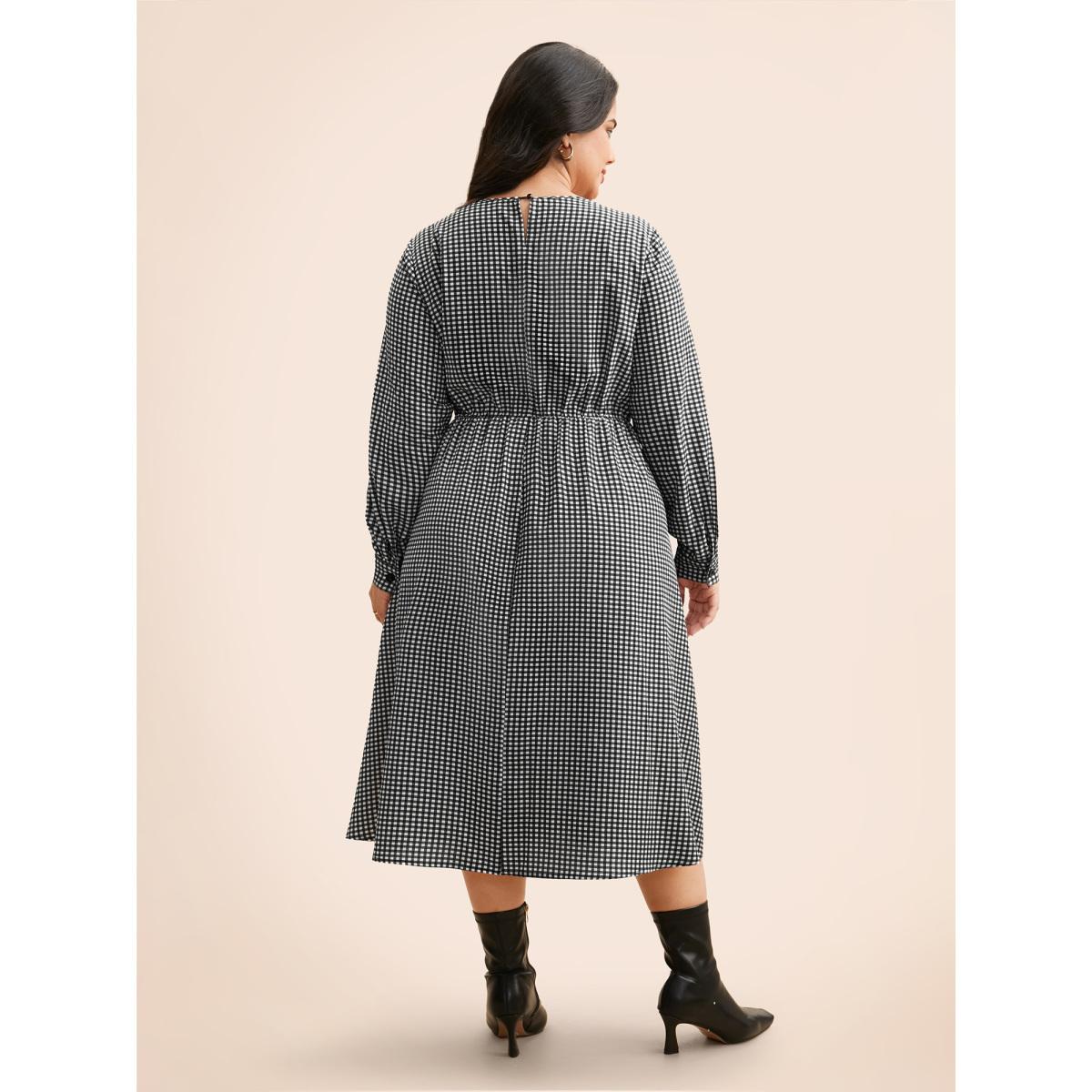 Plus Size Gingham Silhouette Floral Print Midi Dress Black Women Elegant Non Round Neck Long Sleeve Curvy BloomChic 12/L Product Image