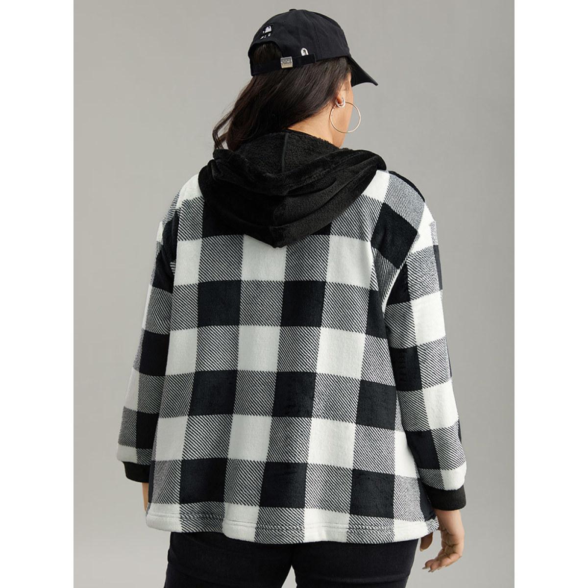 Plus Size Plaid Button Through Patchwork Hooded Jacket Women Black Casual Contrast Ladies Dailywear Winter Coats BloomChic 14-16/1X Product Image