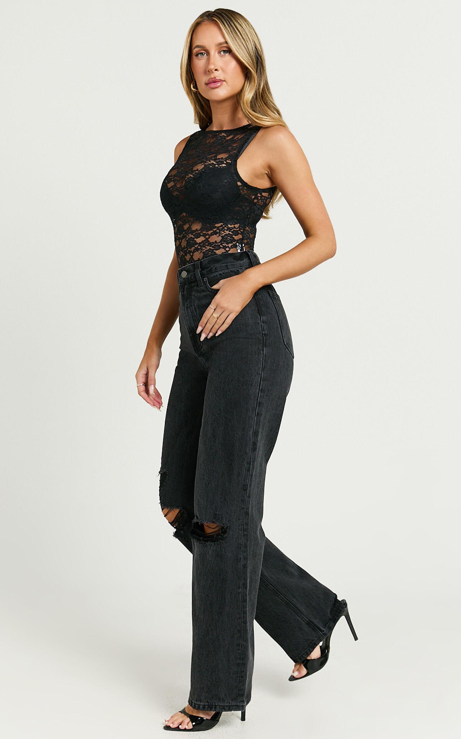 Miho Jeans - High Waisted Recycled Cotton Distressed Straight Leg Denim Jeans in Washed Black Product Image