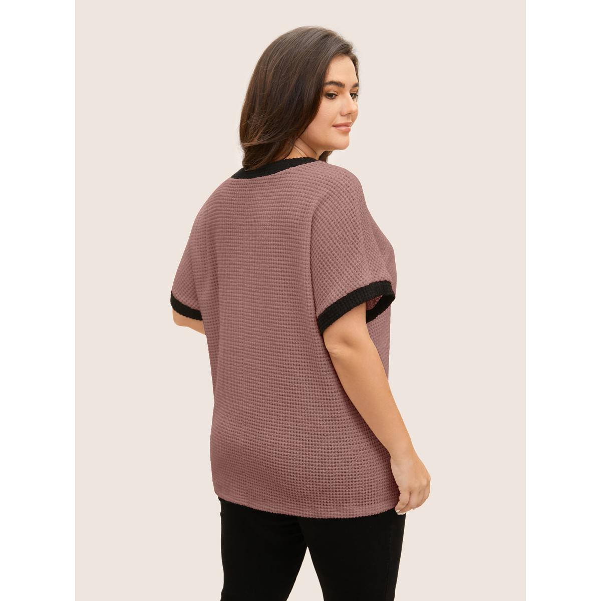 Plus Size V Neck Contrast Button Detail Knit T-shirt DustyPink Women Casual Texture V-neck Everyday T-shirts BloomChic 22-24/3X Product Image
