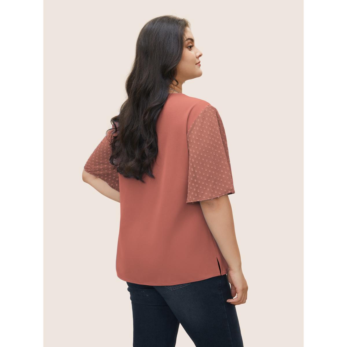 Plus Size DustyPink Patchwork Chiffon Asymmetrical Neck Button Detail Blouse Women At the Office Half Sleeve Asymmetrical Neck Work Blouses BloomChic 26/4X Product Image