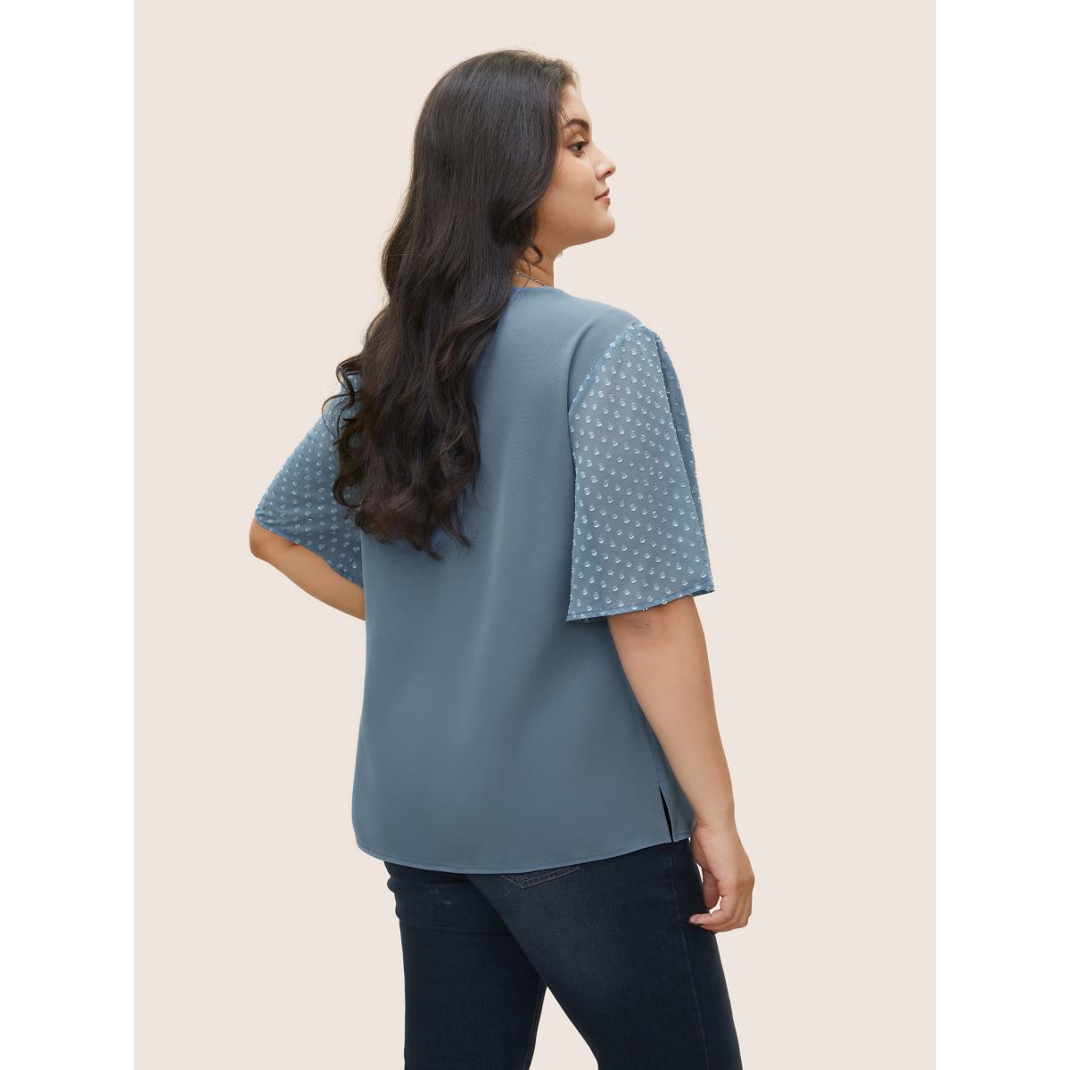 Plus Size Stone Patchwork Chiffon Asymmetrical Neck Button Detail Blouse Women At the Office Half Sleeve Asymmetrical Neck Work Blouses BloomChic 22-24/3X Product Image
