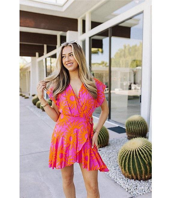 J.Marie Mara Sun Print V-Neck Short Flutter Sleeve Wrap Front Romper Product Image
