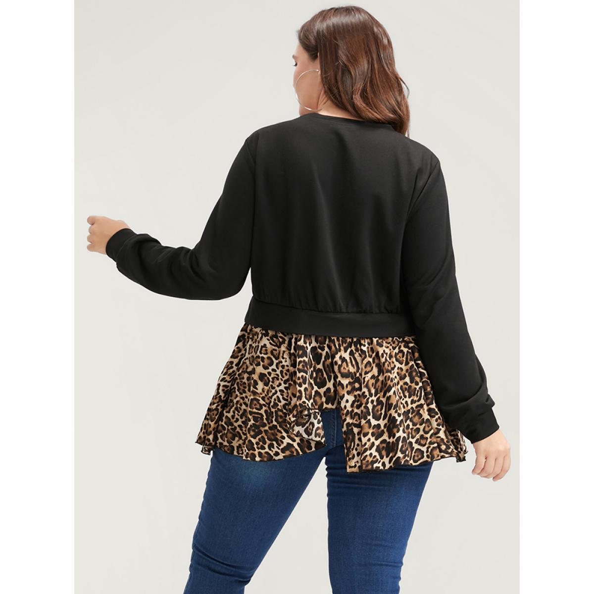 Plus Size Leopard Patchwork Asymmetrical Hem Sweatshirt Women Black Elegant Contrast Round Neck Dailywear Sweatshirts BloomChic 26/4X Product Image