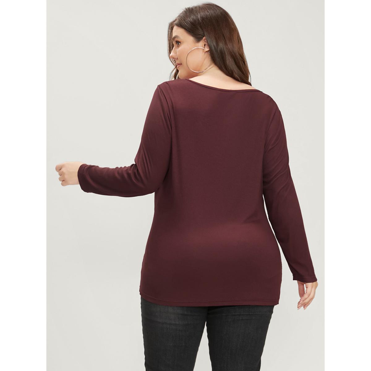 Plus Size Solid V Neck Contrast Lace Rib Knit Long Tee Scarlet Women Elegant Plain V-neck Dailywear T-shirts BloomChic 10/M Product Image