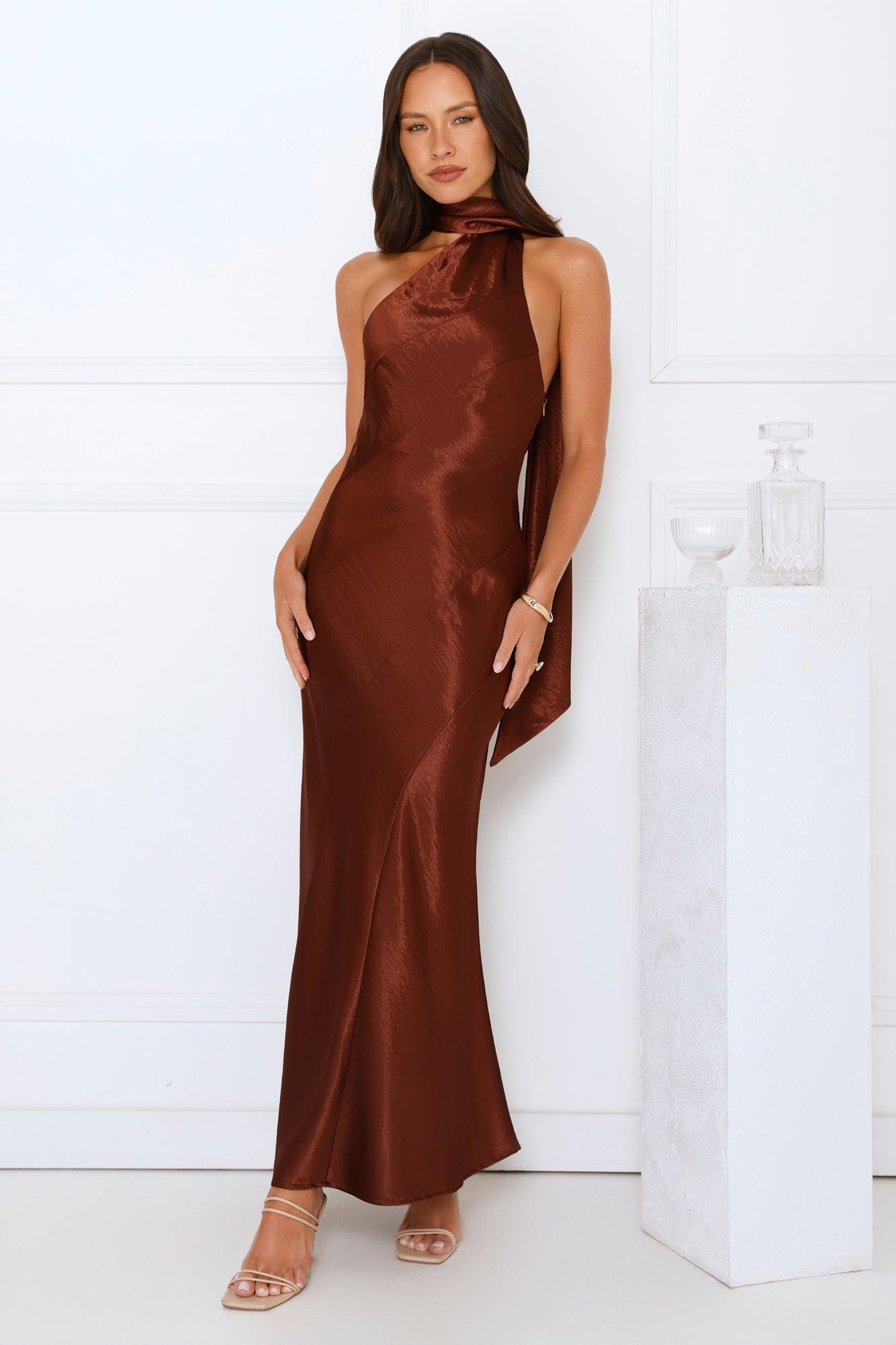 She’s Got Plans Satin Maxi Dress Brown Product Image