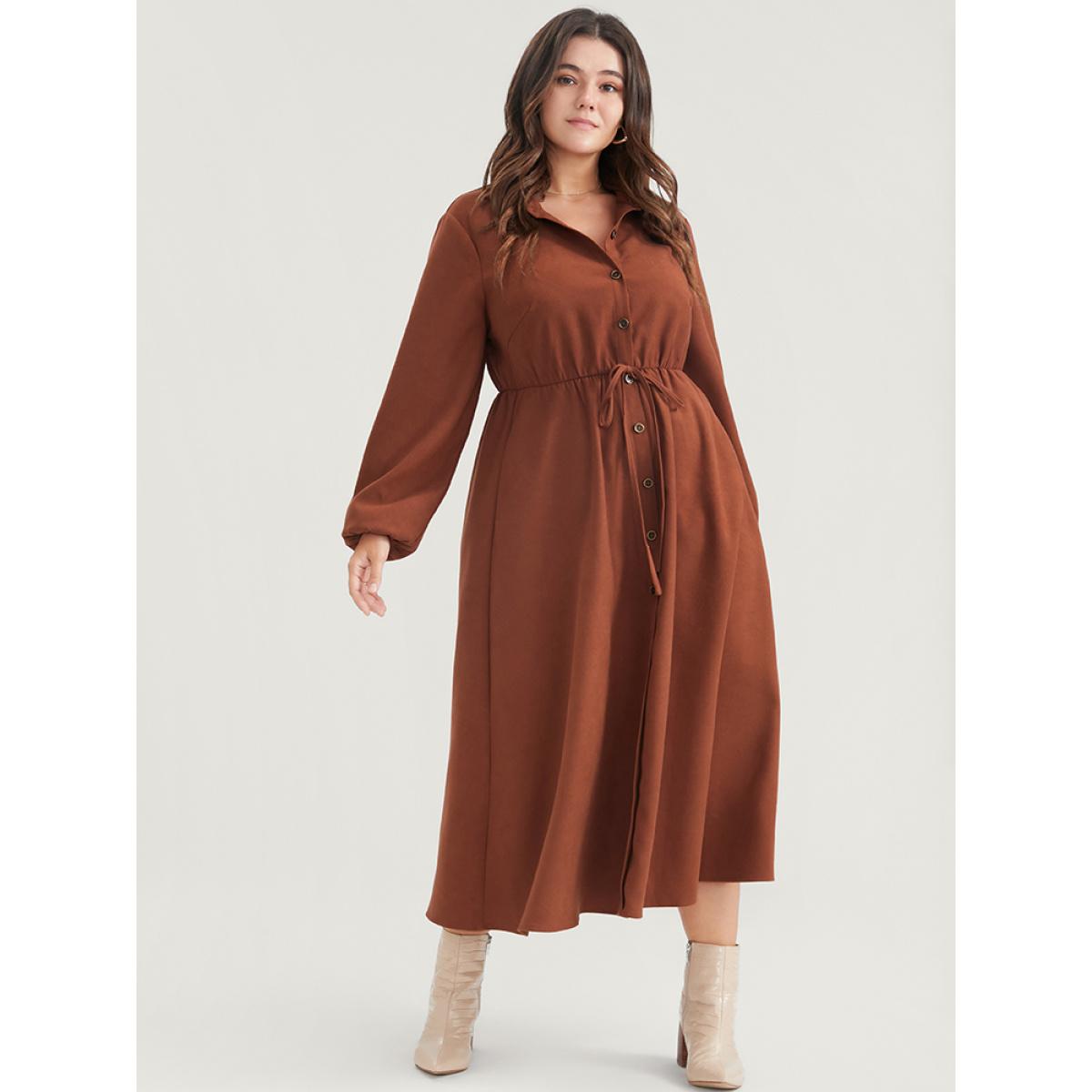 Plus Size Solid Tie Up Shirt Collar Pocket Button Detail Corduroy Dress Chocolate Women Office Button Shirt collar Long Sleeve Curvy Midi Dress BloomChic 10/M Product Image
