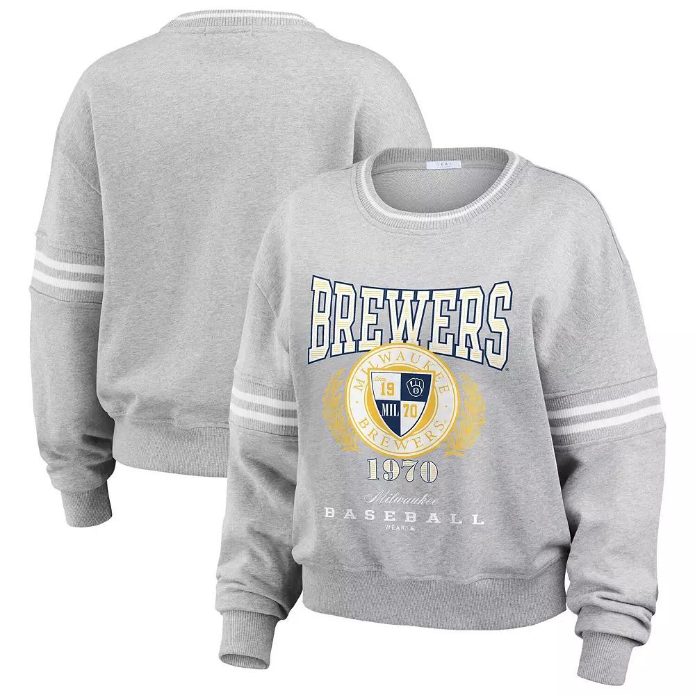 Women's WEAR by Erin Andrews Heather Gray Milwaukee Brewers Domestic Crest Pullover Sweatshirt, Size: Medium, Grey Product Image