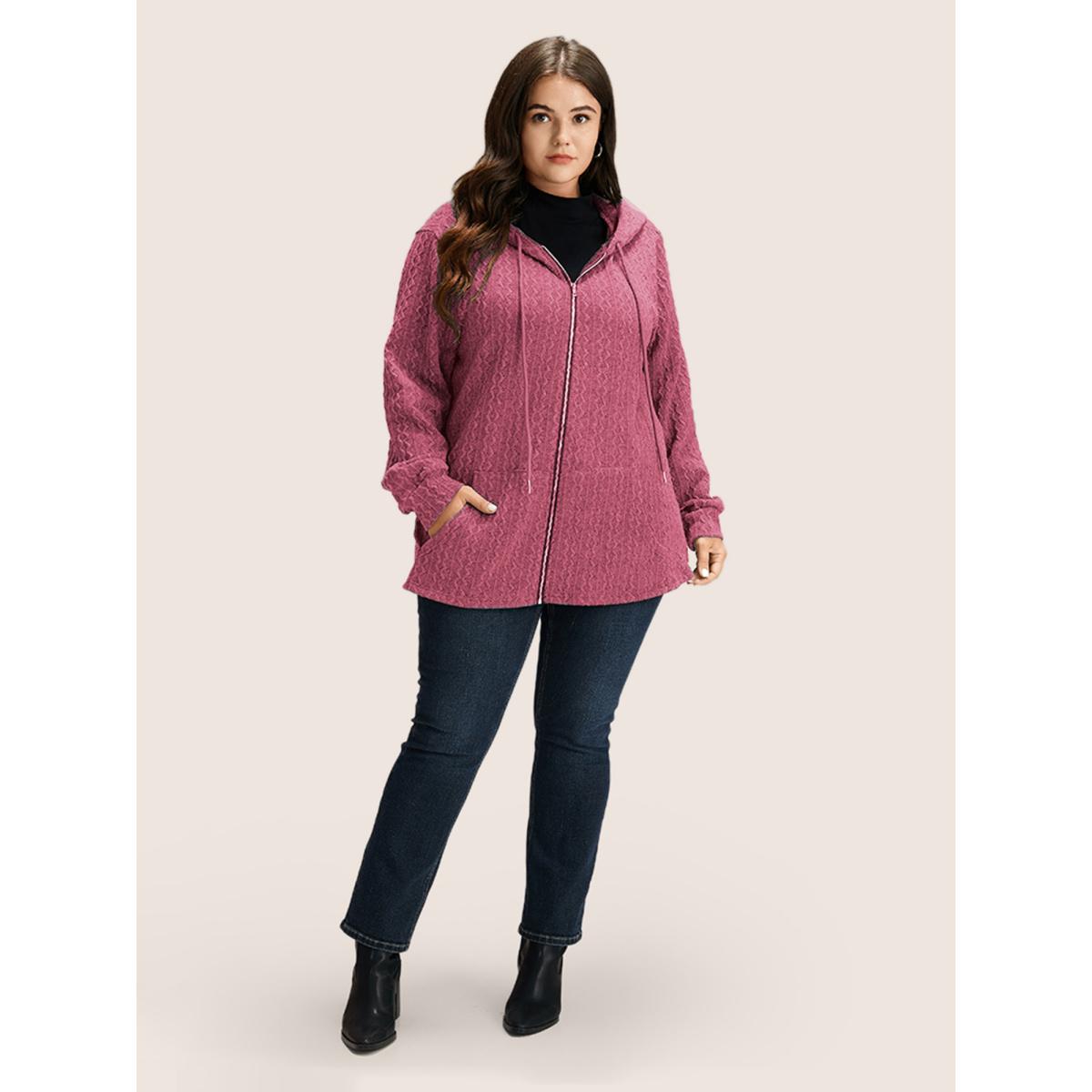 Plus Size Plain Textured Zipper Hooded Sweatshirt Women DustyPink Casual Non Hooded Everyday Sweatshirts BloomChic 30/6X Product Image