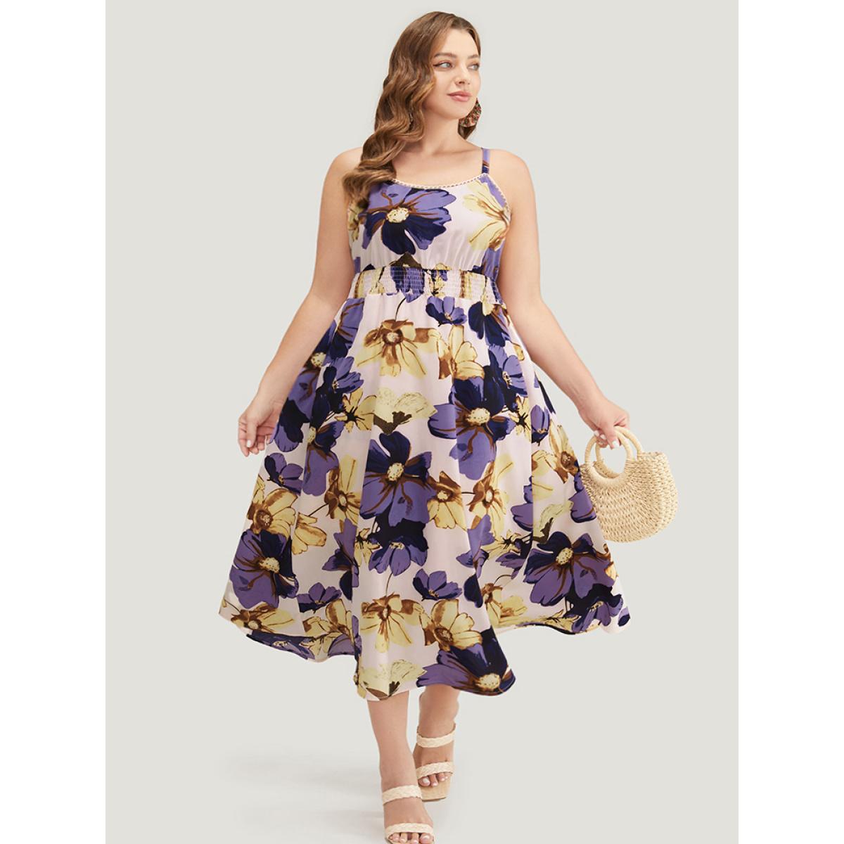 Plus Size Floral Ruffle Hem Pocket Shirred Cami Dress Mauve Women Elegant Adjustable Straps Spaghetti Strap Sleeveless Curvy Midi Dress BloomChic 14-16/1X Product Image
