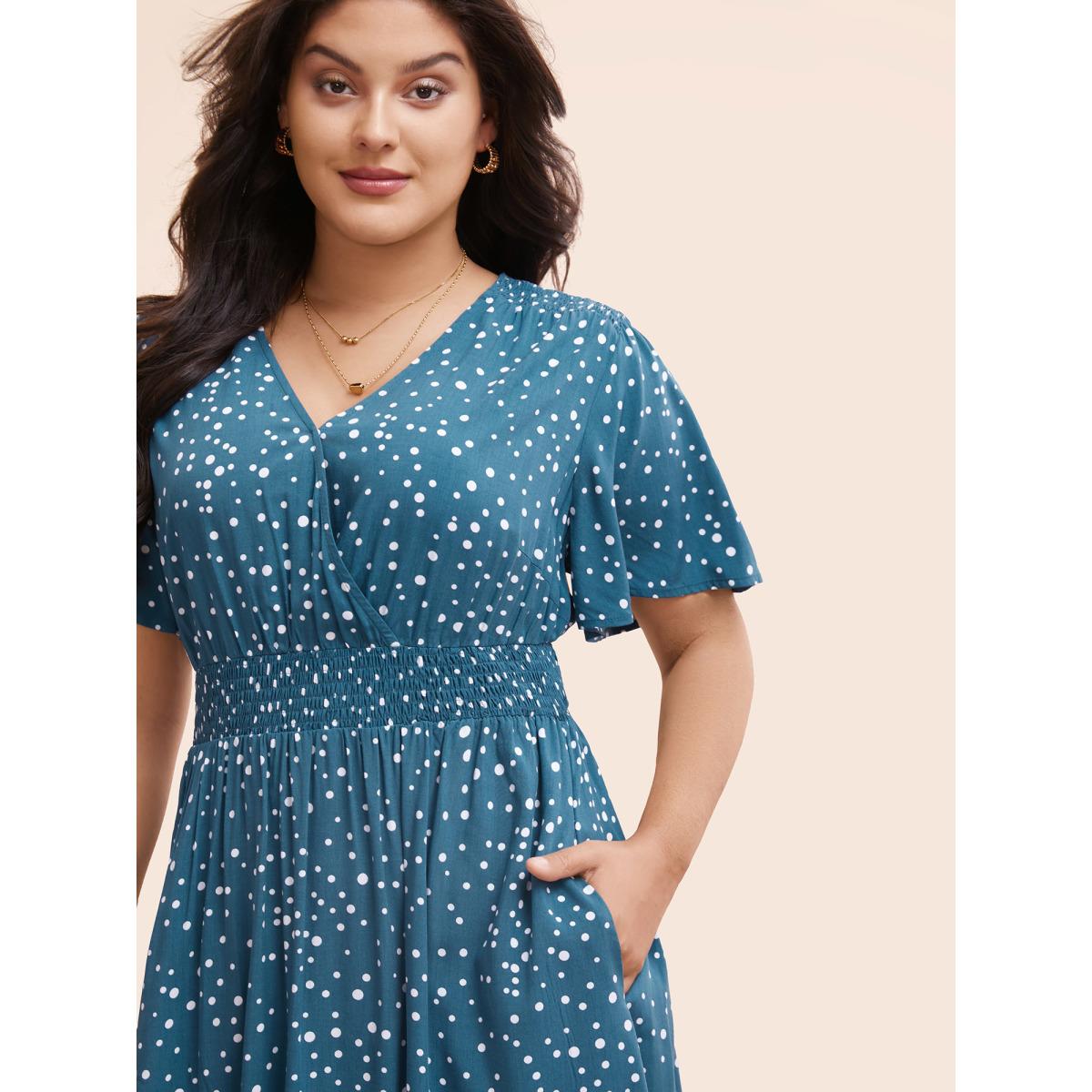 Plus Size Polka Dot Wrap Pocket Shirred Ruffle Sleeve Dress Aegean Women Timeless Patchwork Curvy Midi Dress BloomChic 18-20/2X Product Image