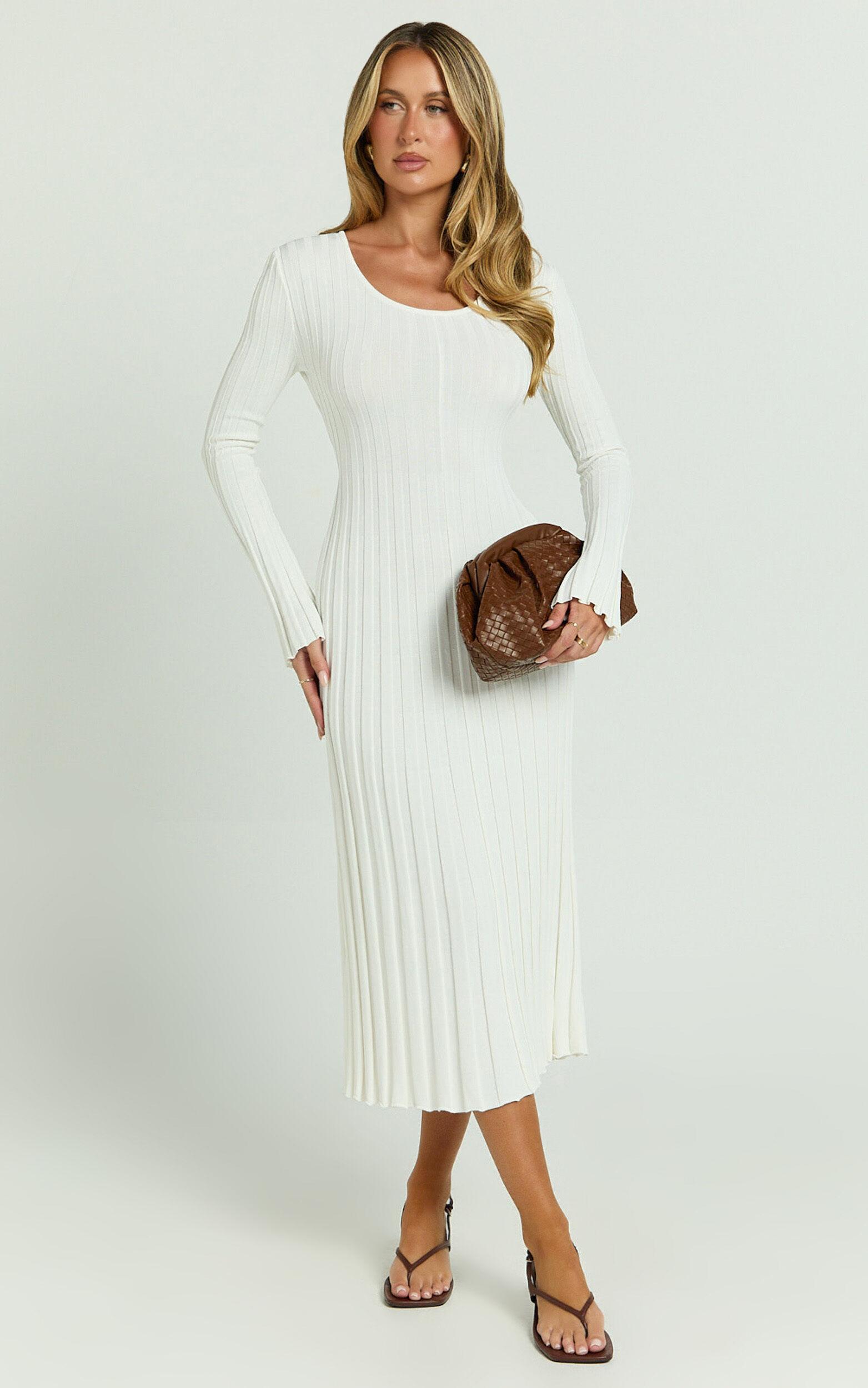 Blaire Midi Dress - Long Sleeve Tie Back Flare Dress in Ivory Product Image