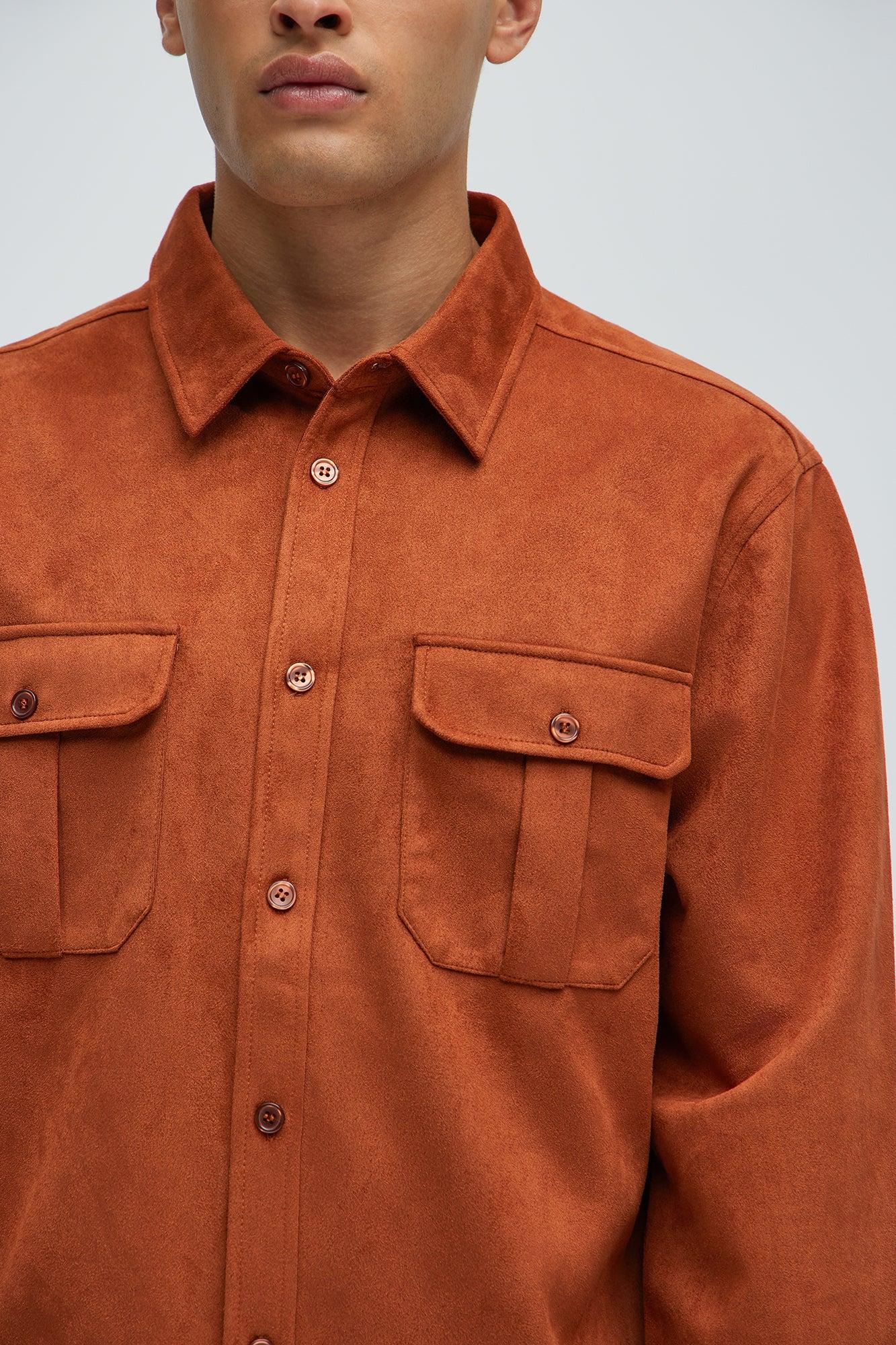 Ardee Faux Suede Button Up Shirt - Brown Product Image