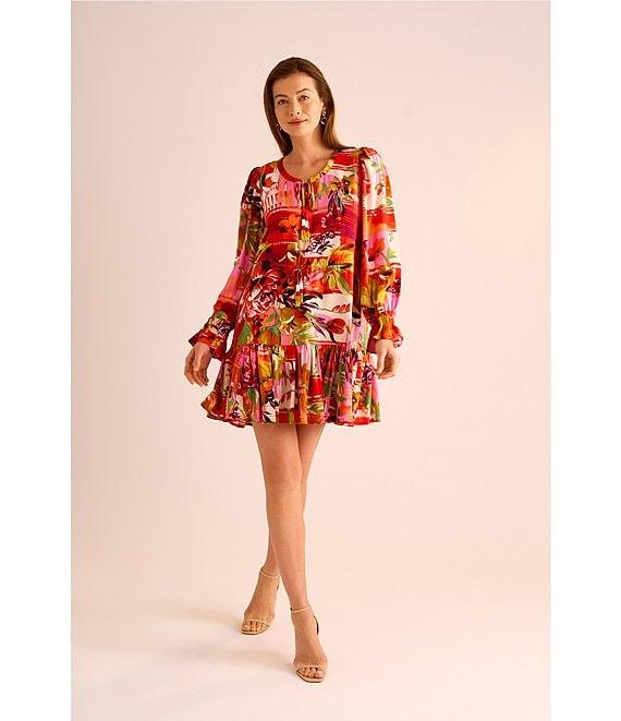 Vince Camuto Woven Floral Print Split Round Neck Long Sleeve Shift Dress Product Image