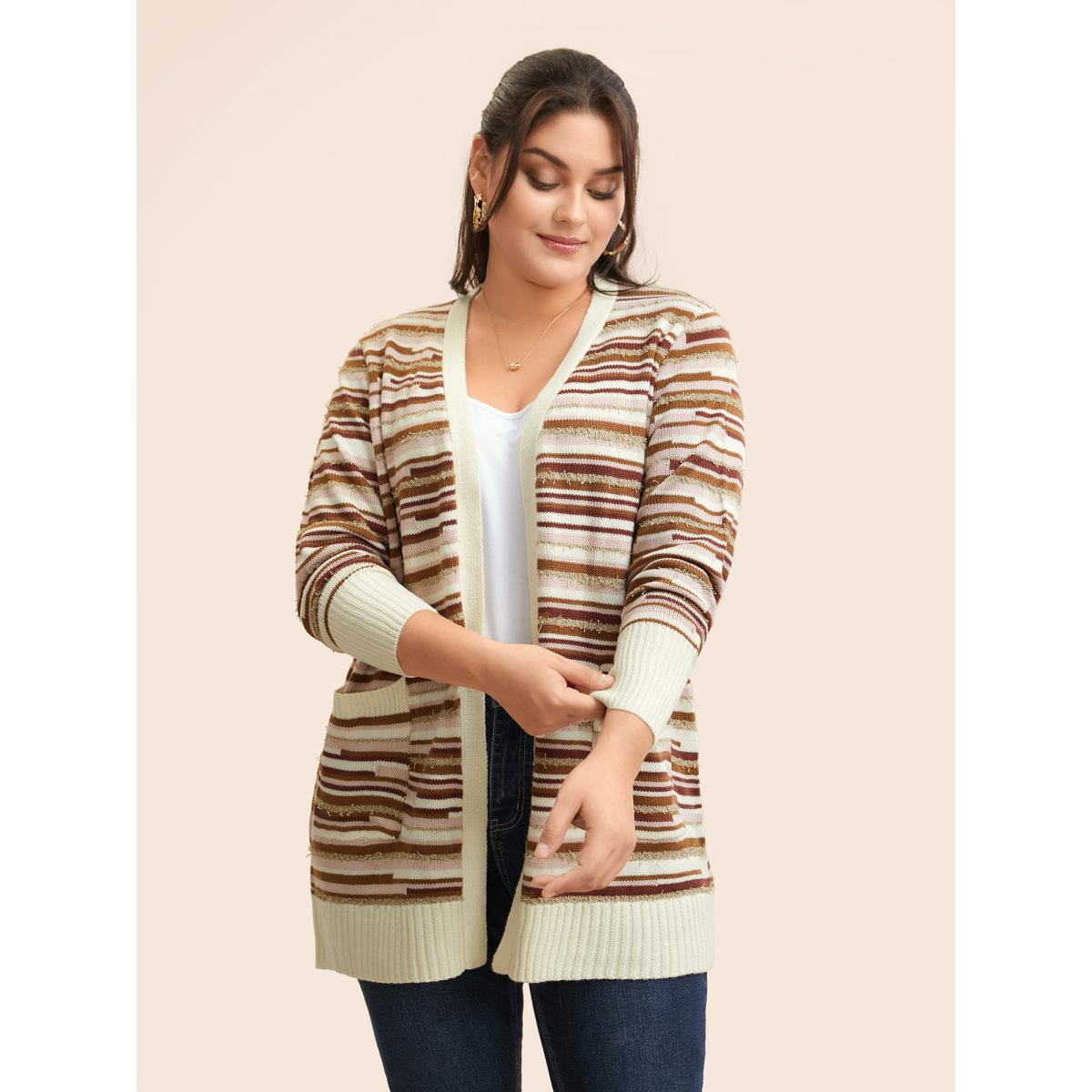 Plus Size Striped Kimono Collar Pocket Cardigan Beige Women Casual Loose Long Sleeve Everyday Cardigans BloomChic 18-20/2X Product Image