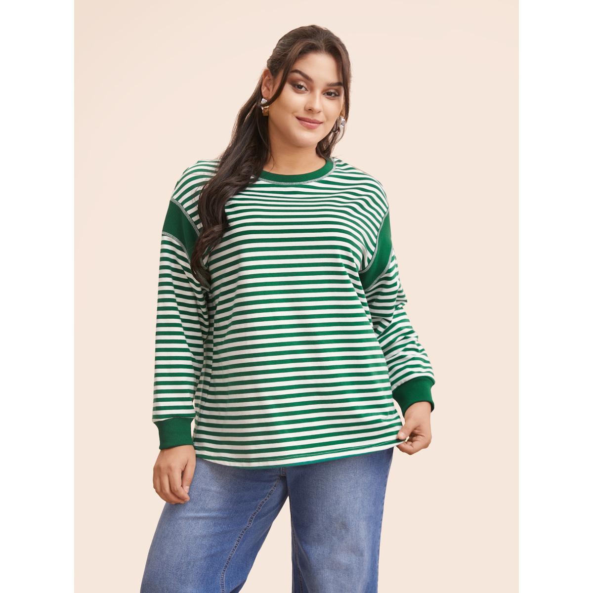 Plus Size Round Neck Striped Patchwork Stitch Sweatshirt Women Truegreen Casual Contrast Loose Round Neck Everyday Sweatshirts BloomChic 26/4X Product Image