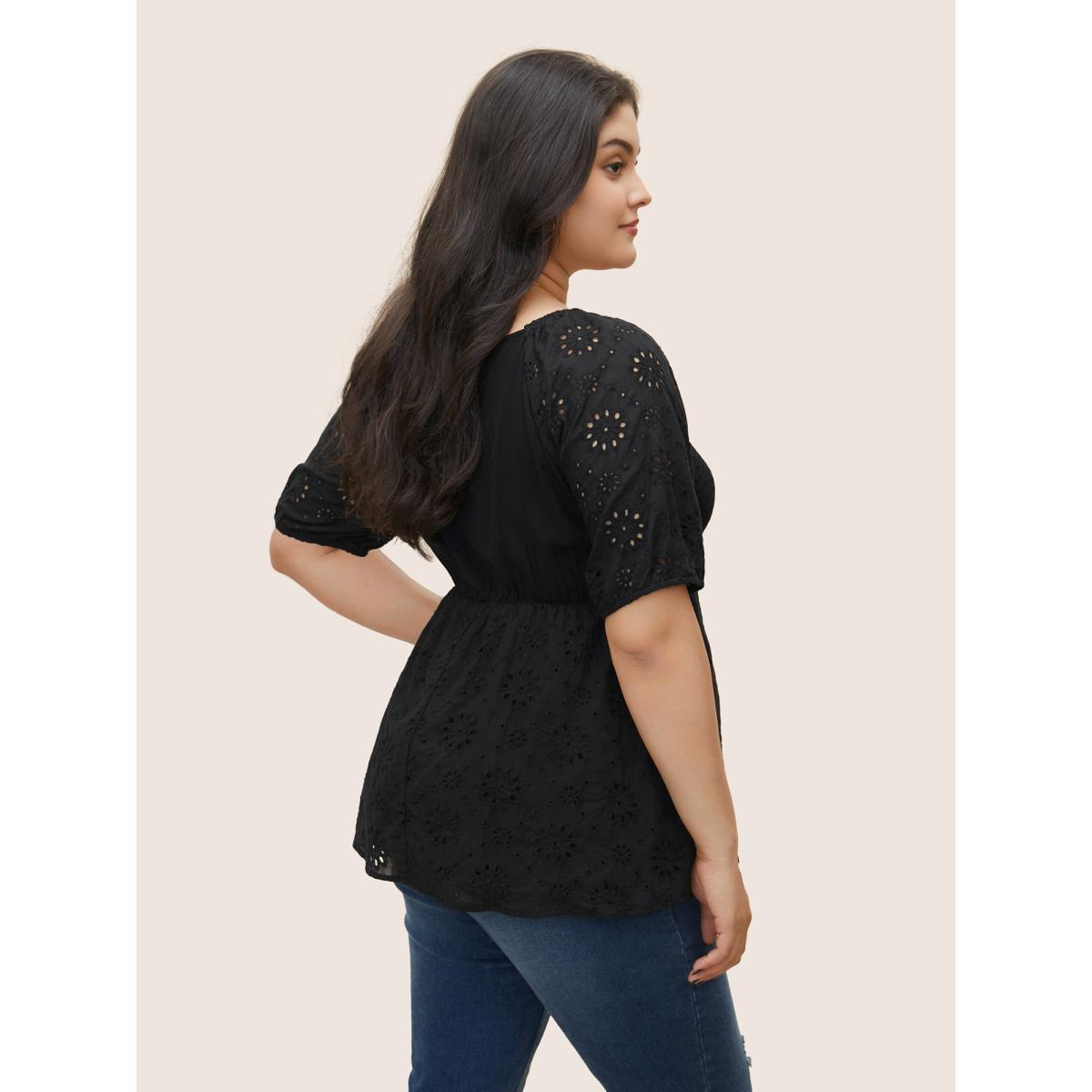 Plus Size Black Broderie Anglaise Patchwork Lantern Sleeve Shirred Blouse Women Resort Short sleeve Square Neck Vacation Blouses BloomChic 12/L Product Image
