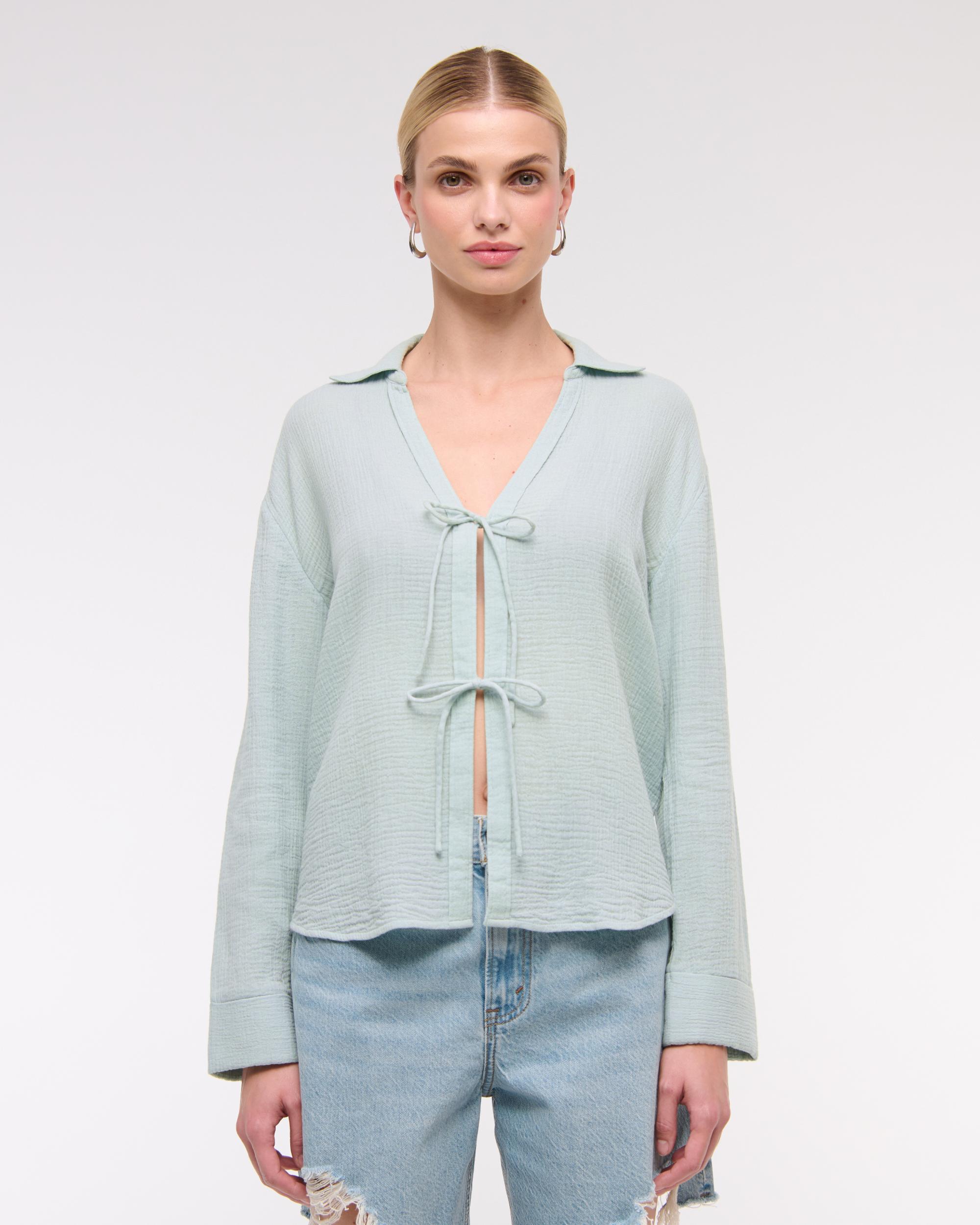 Long-Sleeve Oversized Tie-Front Gauzy Shirt Product Image