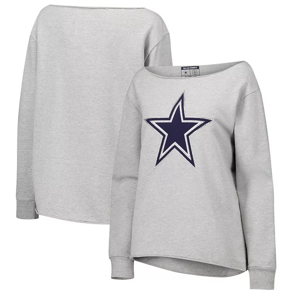 Women's Lauren James Heather Gray Dallas Cowboys Shoulder Off Sweat Rhinestone Long Sleeve T-Shirt, Size: Large, Grey Product Image