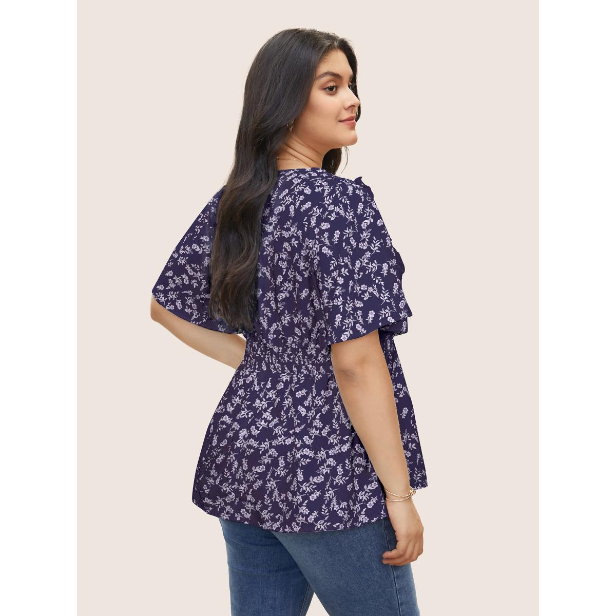 Plus Size Deeppurple Floral Pleated Elastic Waist Ruffle Sleeve Blouse Women Elegant Half Sleeve V-neck Everyday Blouses BloomChic 28/5X Product Image
