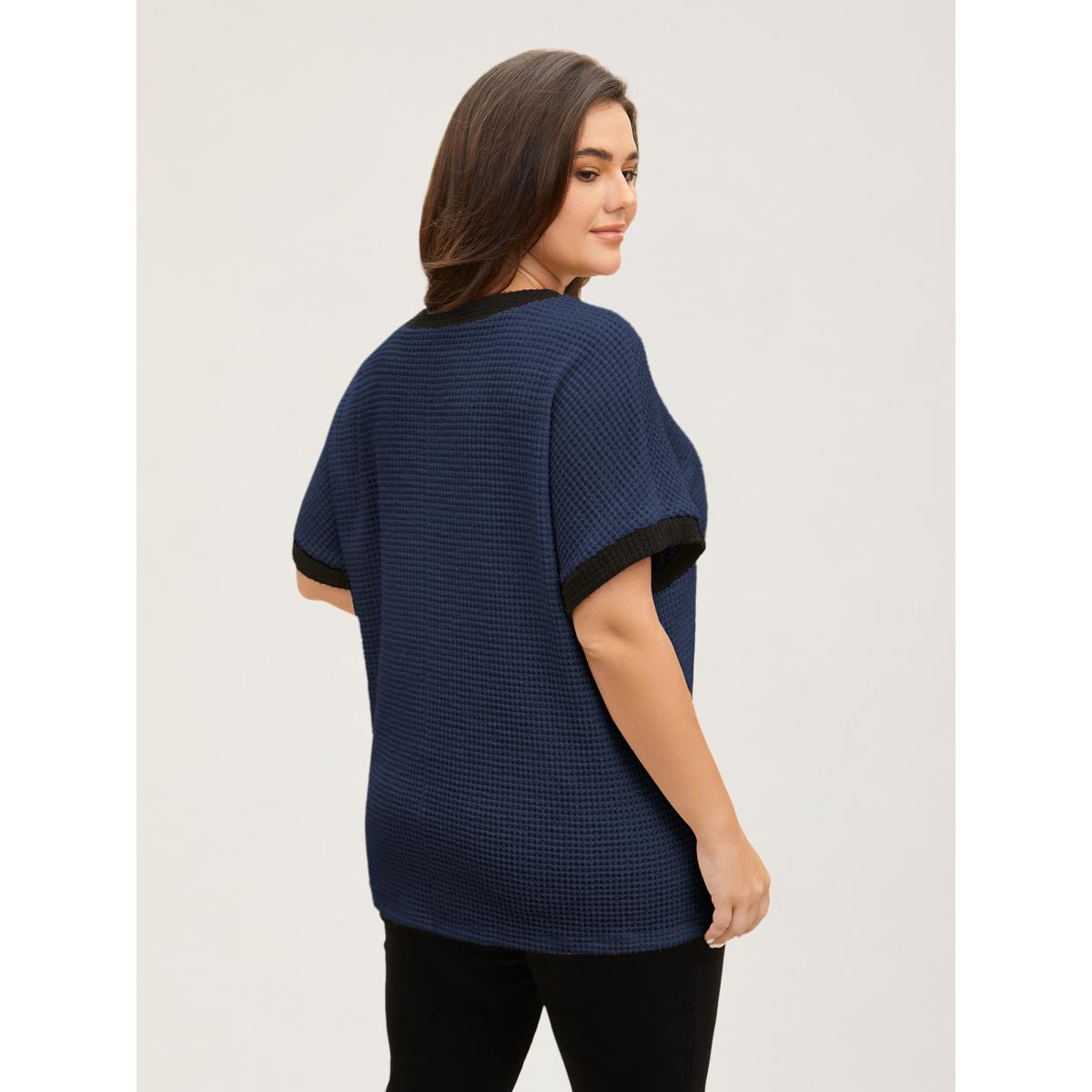 Plus Size V Neck Contrast Button Detail Knit T-shirt Indigo Women Casual Texture V-neck Everyday T-shirts BloomChic 30/6X Product Image