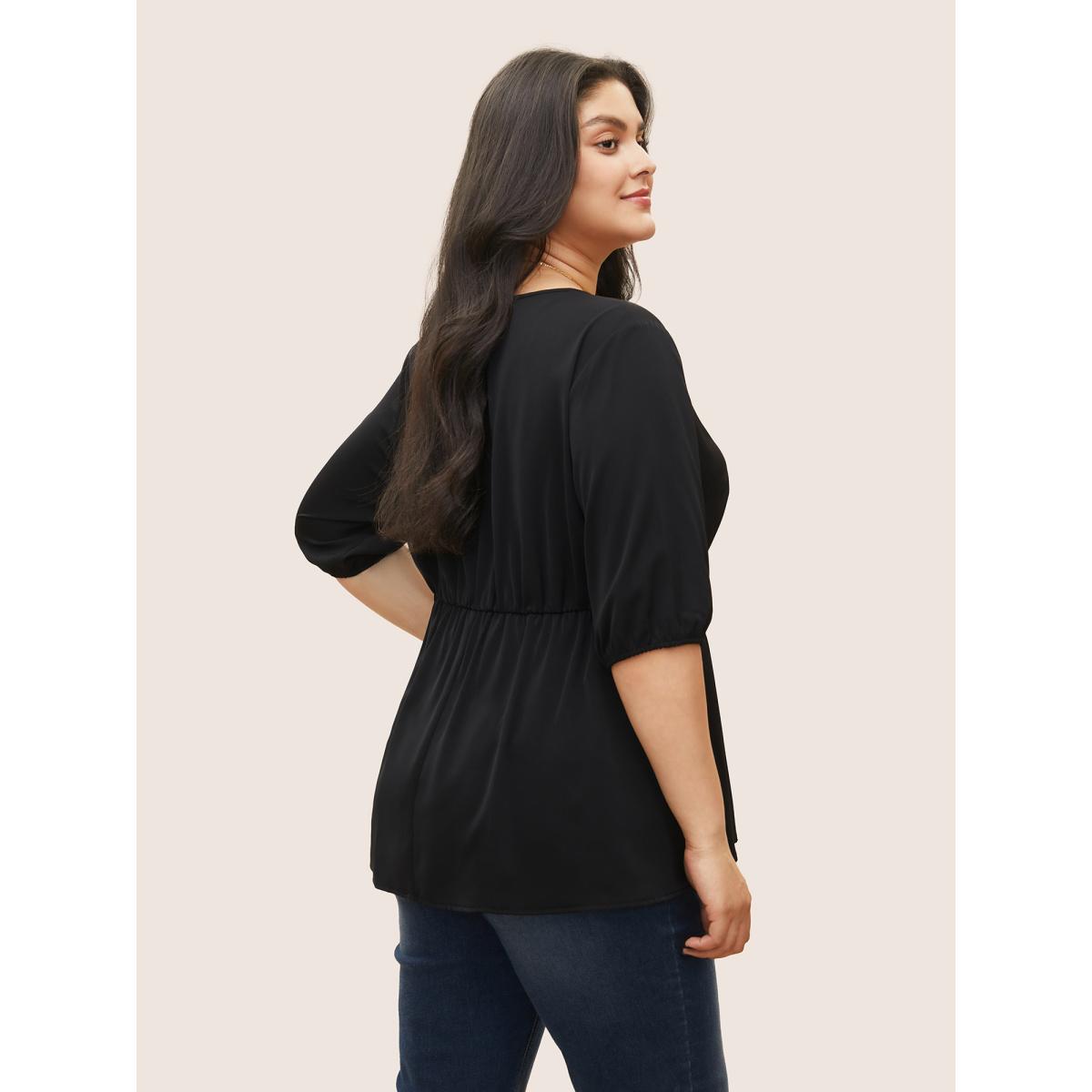 Plus Size Black V Neck Metal Detail Wrap Blouse Women At the Office Half Sleeve Overlap Collar Work Blouses BloomChic 18-20/2X Product Image