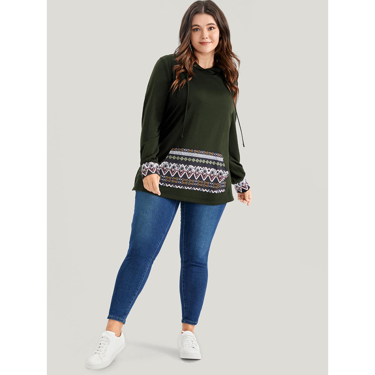 Plus Size Geometric Print Pocket Drawstring Hooded Sweatshirt Women ArmyGreen Vacation Patchwork Hooded Dailywear Sweatshirts BloomChic 10/M Product Image