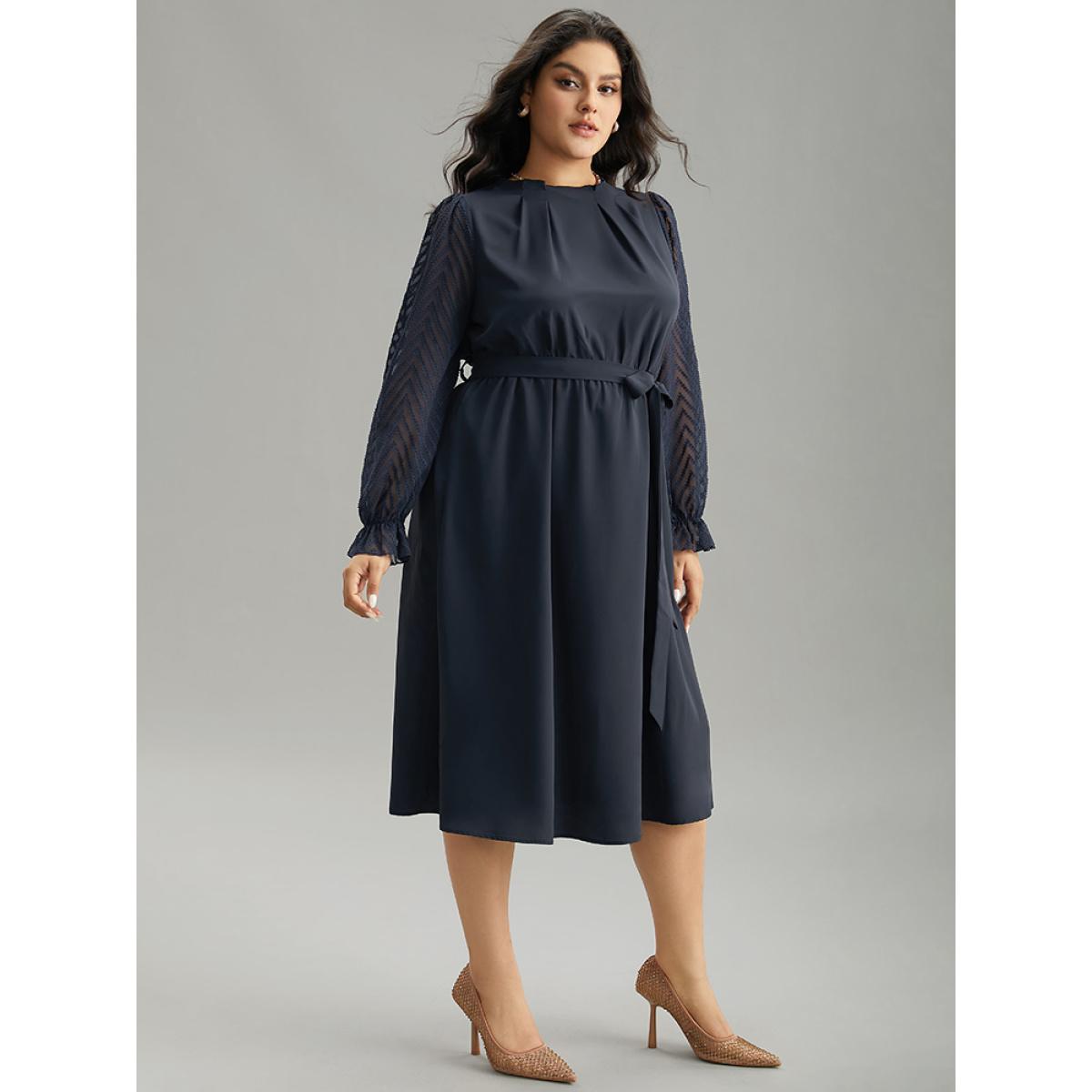 Plus Size Twill Mesh Patchwork Belted Plicated Detail Dress DarkBlue Women Elegant Texture Mock Neck Long Sleeve Curvy Midi Dress BloomChic 22-24/3X Product Image