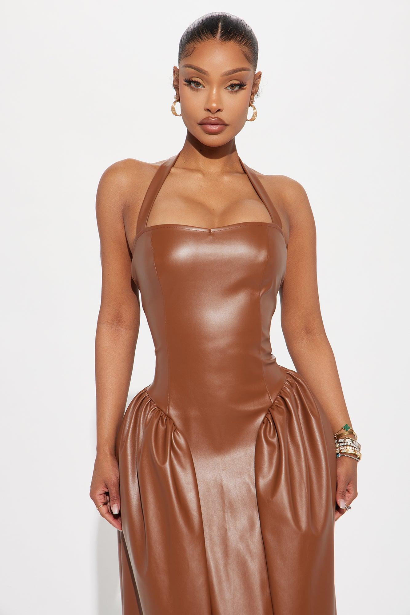 Soft Edge Faux Leather Midi Dress - Brown Product Image