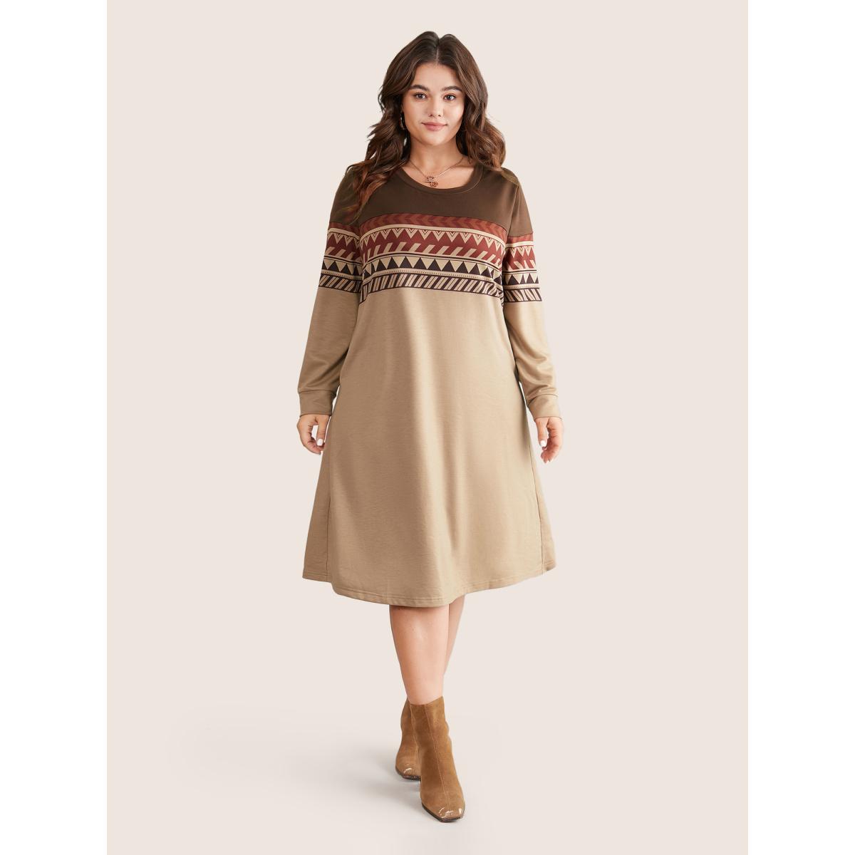 Plus Size Geometric Colorblock Pocket Midi Dress DarkBrown Women Casual Printed Round Neck Long Sleeve Curvy Midi Dress BloomChic 26/4X Product Image