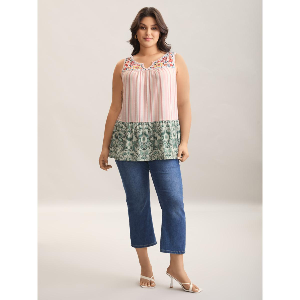 Plus Size Striped Print Spliced Ruffled Tank Top Women Multicolor Boho Gathered Flat collar with V-notch Vacation Tank Tops Camis BloomChic 28/5X Product Image