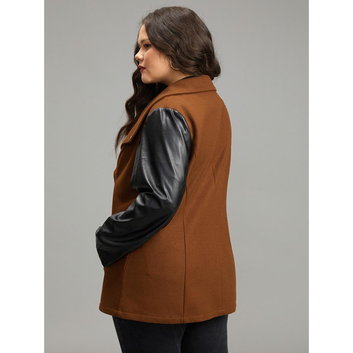 Plus Size Contrast PU Leather Lapel Collar Pocket Button Up Coat Women Tan Casual Contrast Ladies Dailywear Winter Coats BloomChic 26/4X Product Image